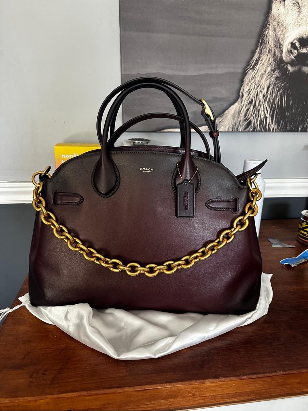 COACH Burgundy Leather Satchel with Gold Chain Accent